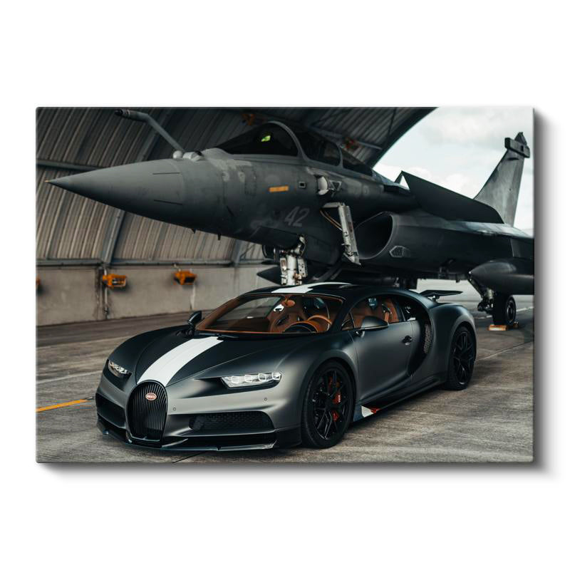 Yatay Kanvas Tablo Bugatti Chiron Sport ve Rafale Savaş Jeti Bugatti Tablosu Ev Ofis Duvar Dekoru