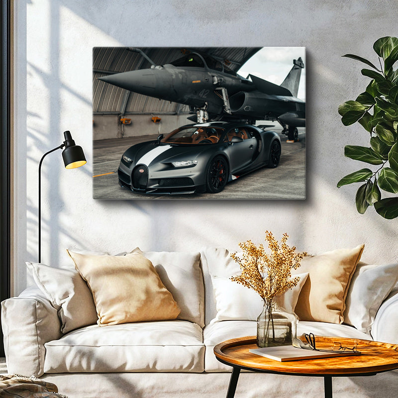 Yatay Kanvas Tablo Bugatti Chiron Sport ve Rafale Savaş Jeti Bugatti Tablosu Ev Ofis Duvar Dekoru