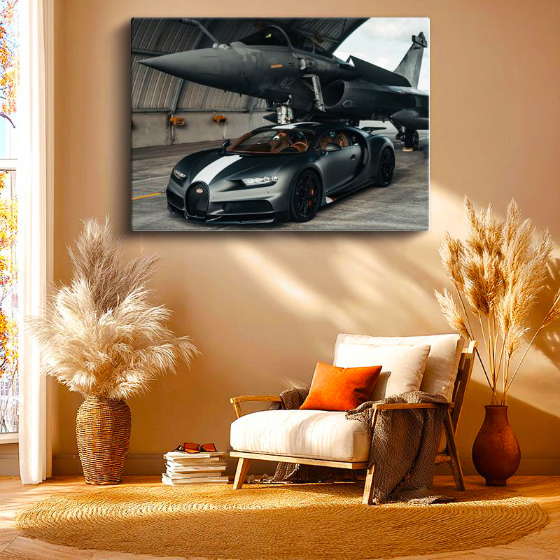 Yatay Kanvas Tablo Bugatti Chiron Sport ve Rafale Savaş Jeti Bugatti Tablosu Ev Ofis Duvar Dekoru