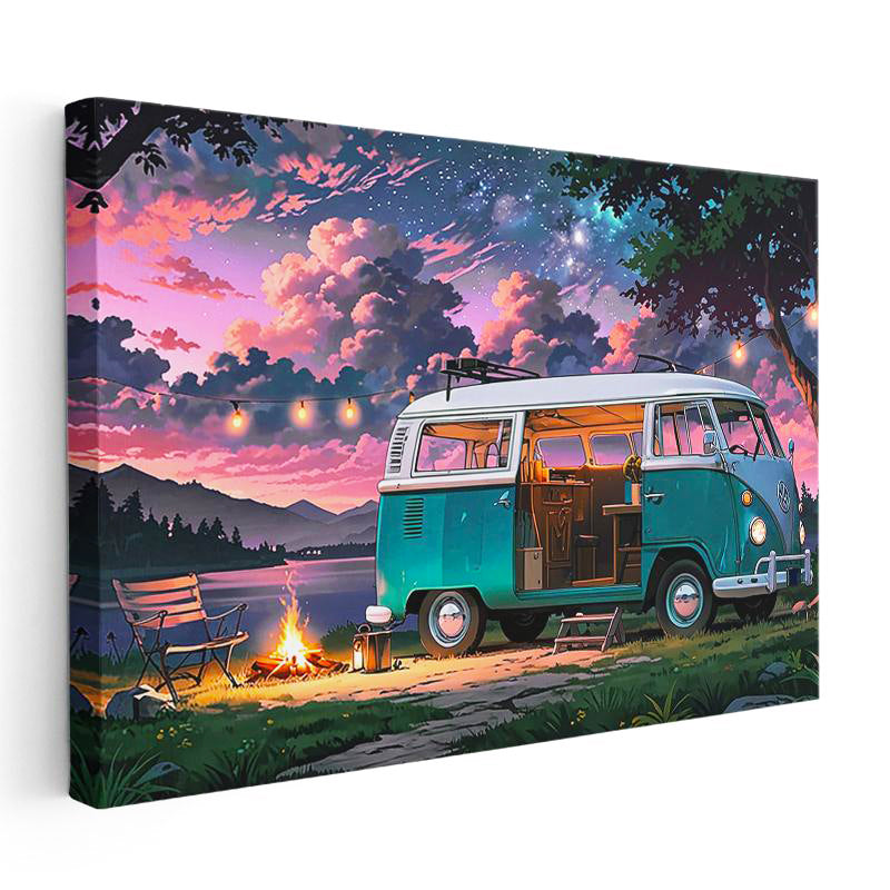 Yatay Kanvas Tablo Volkswagen T1 Kamp ve Göl Manzarası Volkswagen Tablosu Ev Ofis Duvar Dekoru