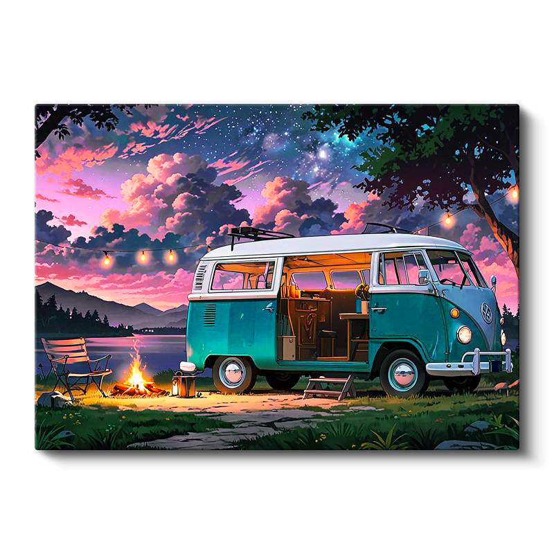 Yatay Kanvas Tablo Volkswagen T1 Kamp ve Göl Manzarası Volkswagen Tablosu Ev Ofis Duvar Dekoru