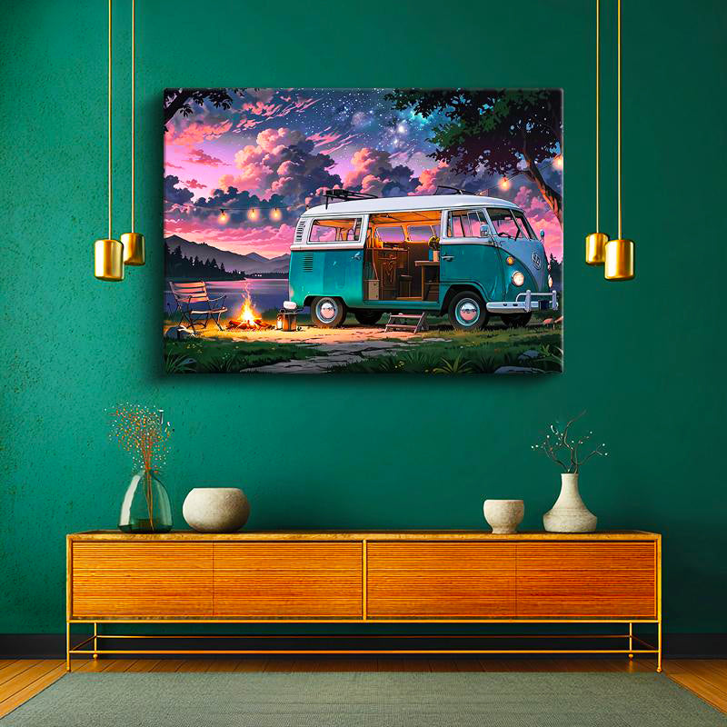 Yatay Kanvas Tablo Volkswagen T1 Kamp ve Göl Manzarası Volkswagen Tablosu Ev Ofis Duvar Dekoru