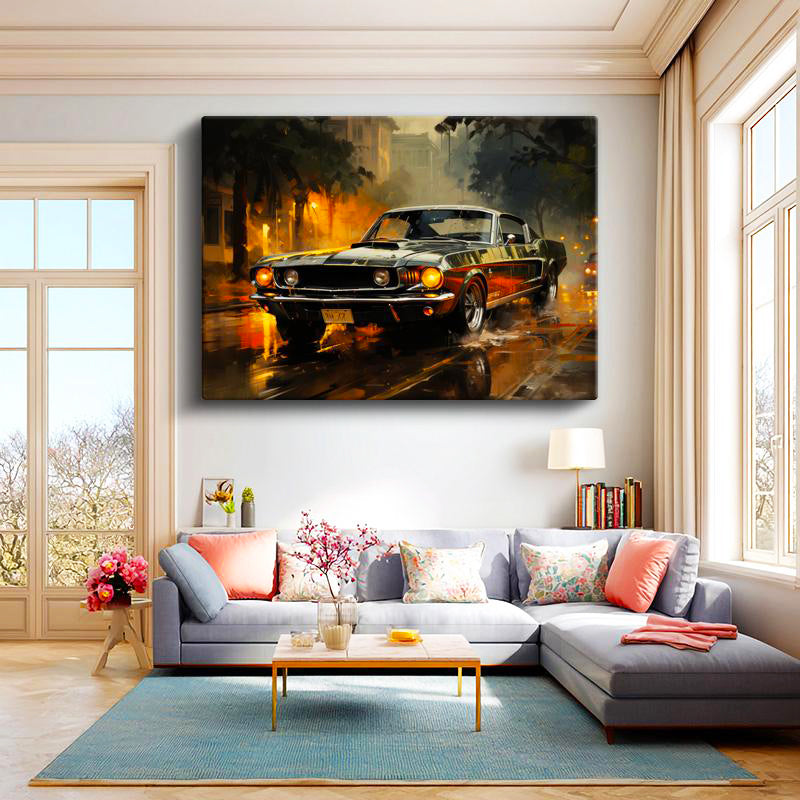 Yatay Kanvas Tablo Klasik Mustang Şehir Sokağı Mustang Tablosu Ev Ofis Duvar Dekoru
