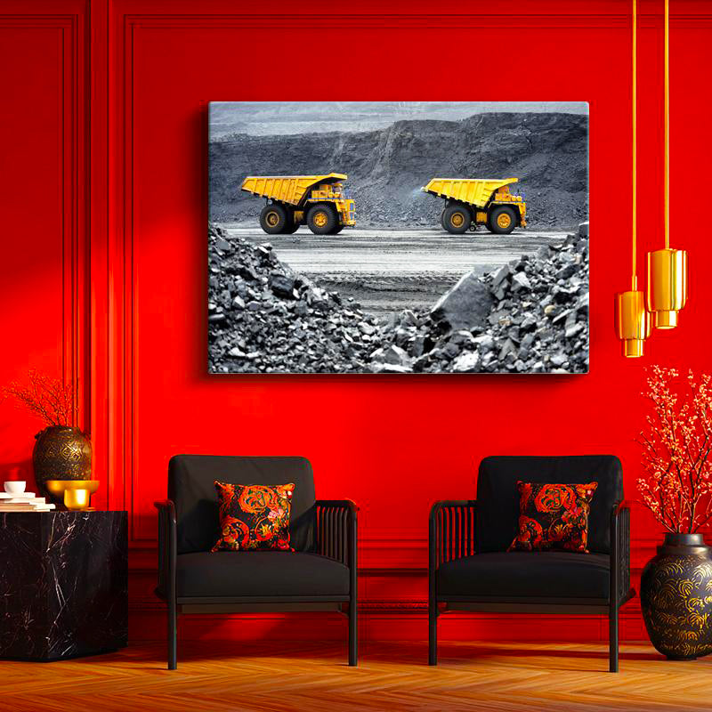 Yatay Kanvas Tablo Maden Ocağı Dev Kamyonlar İş Makinesi Tablosu Ev Ofis Duvar Dekoru