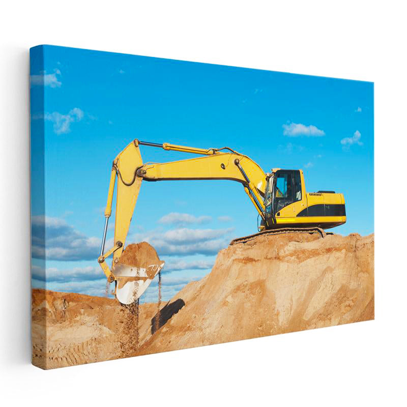 Yatay Kanvas Tablo Toprak Yükleyen Sarı Ekskavatör İş Makinesi Tablosu Ev Ofis Duvar Dekoru