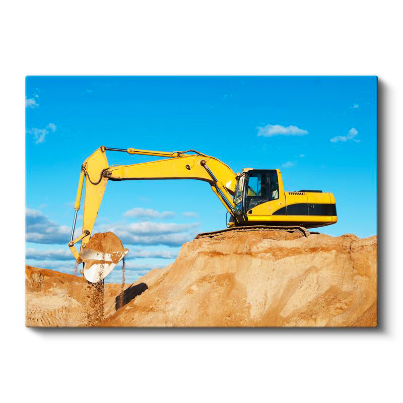 Yatay Kanvas Tablo Toprak Yükleyen Sarı Ekskavatör İş Makinesi Tablosu Ev Ofis Duvar Dekoru