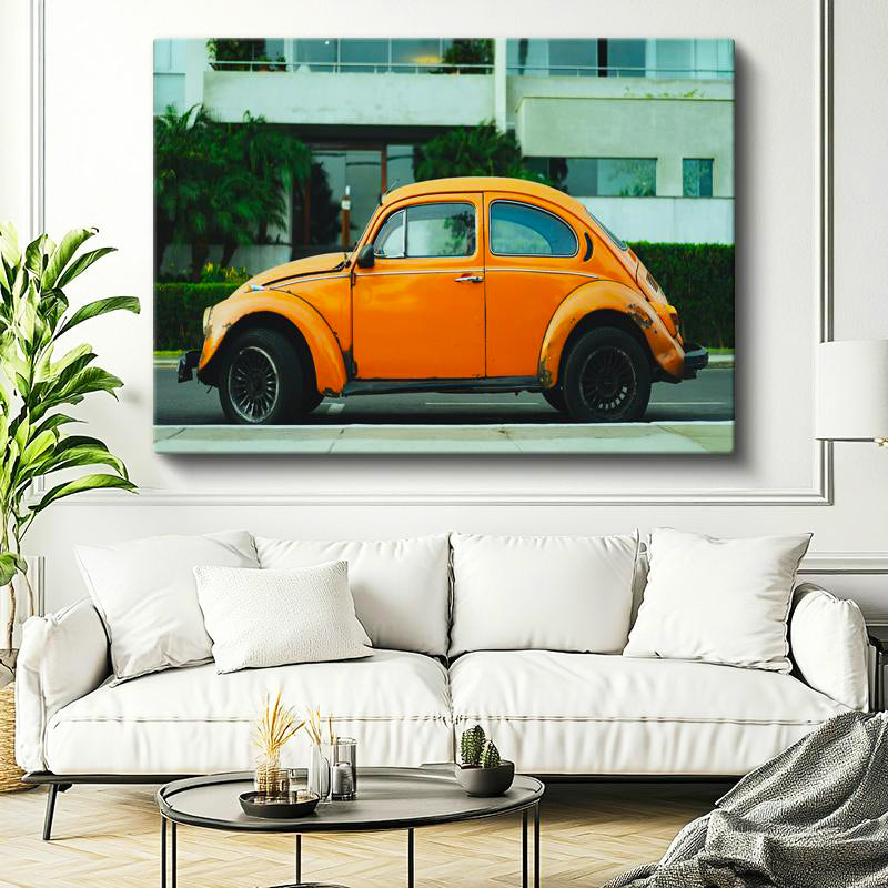 Yatay Kanvas Tablo Şehir Sokaklarında Turuncu Vosvos Araba Tablosu Ev Ofis Duvar Dekoru