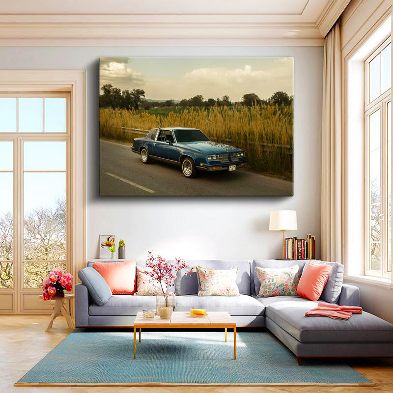 Yatay Kanvas Tablo Sazlıklı Yolda Klasik Amerikan Otomobili Araba Tablosu Ev Ofis Duvar Dekoru