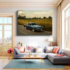 Yatay Kanvas Tablo Sazlıklı Yolda Klasik Amerikan Otomobili Araba Tablosu Ev Ofis Duvar Dekoru