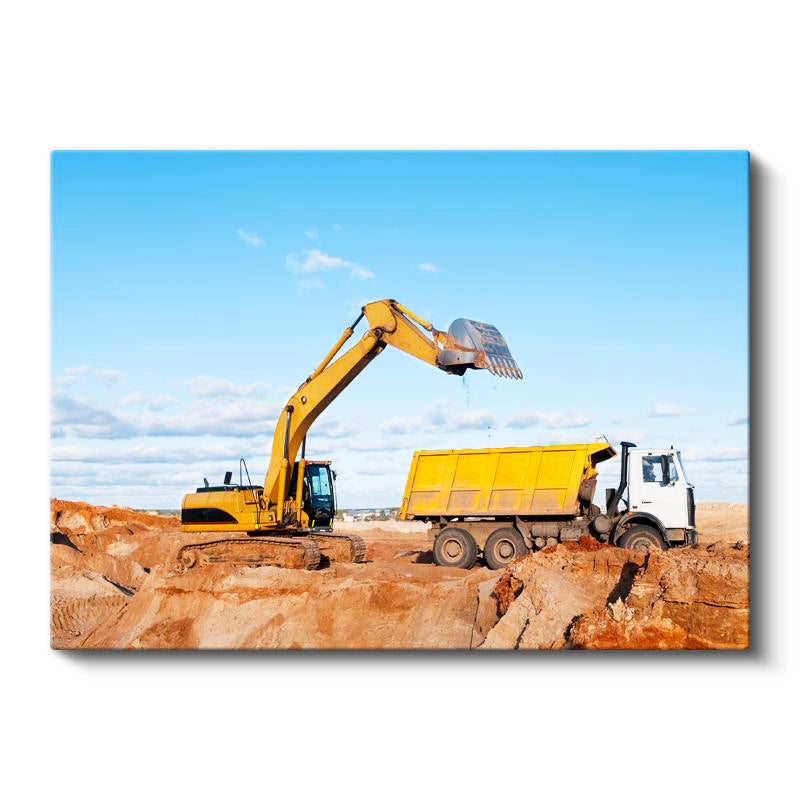Yatay Kanvas Tablo Ekskavatör Ve Kamyon Hafriyat Yükleme Anı İş Makinesi Tablosu Ev Ofis Dekoru