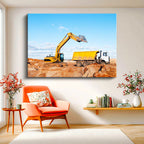 Yatay Kanvas Tablo Ekskavatör Ve Kamyon Hafriyat Yükleme Anı İş Makinesi Tablosu Ev Ofis Dekoru