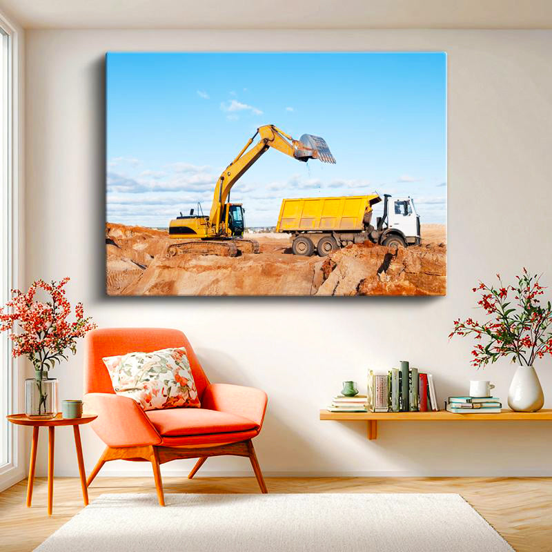 Yatay Kanvas Tablo Ekskavatör Ve Kamyon Hafriyat Yükleme Anı İş Makinesi Tablosu Ev Ofis Dekoru