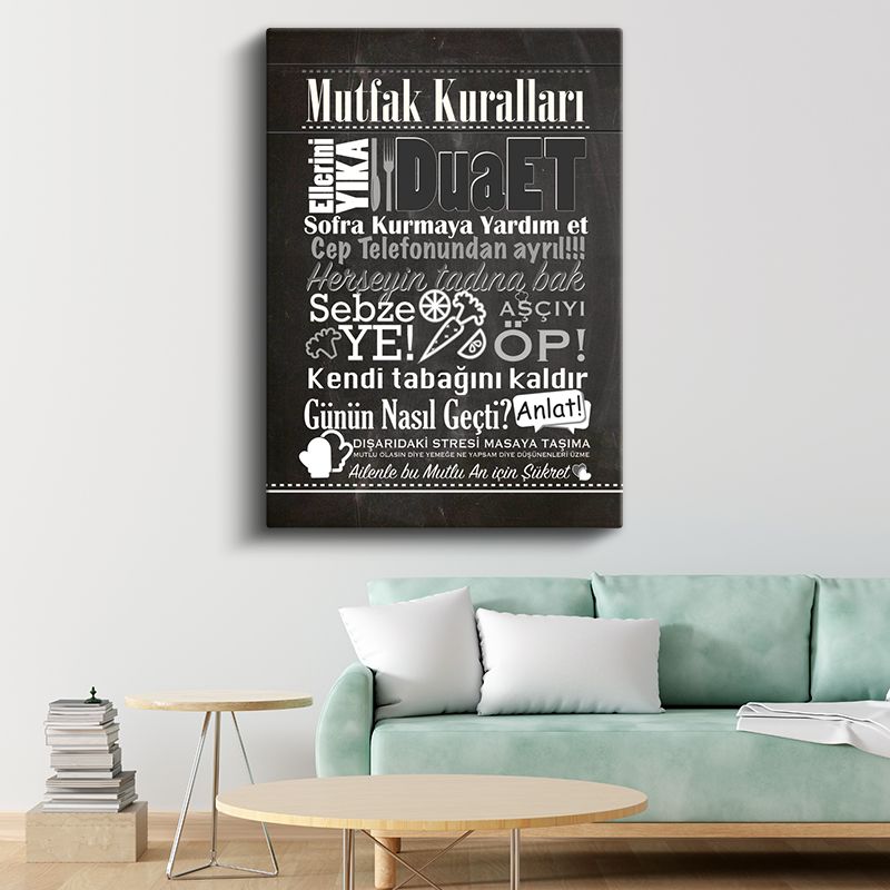 Mutfak Kuralları - Türkçe Ev Dekorasyon Yazısı Kanvas Tablo