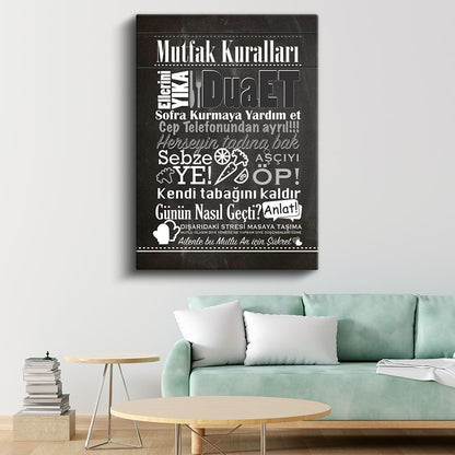 Mutfak Kuralları - Türkçe Ev Dekorasyon Yazısı Kanvas Tablo