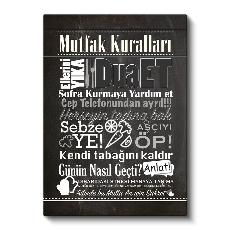 Mutfak Kuralları - Türkçe Ev Dekorasyon Yazısı Kanvas Tablo