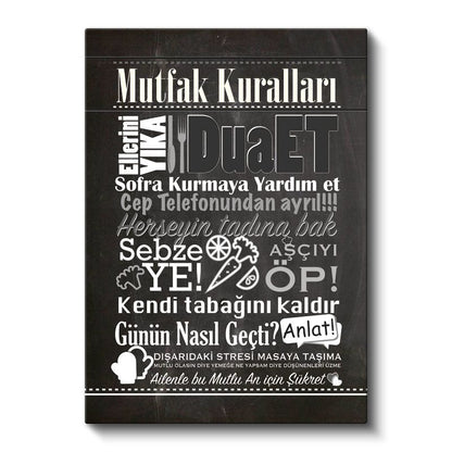 Mutfak Kuralları - Türkçe Ev Dekorasyon Yazısı Kanvas Tablo