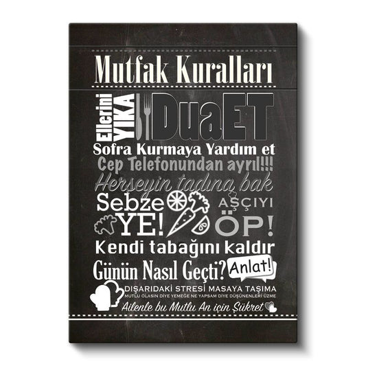 Mutfak Kuralları - Türkçe Ev Dekorasyon Yazısı Kanvas Tablo