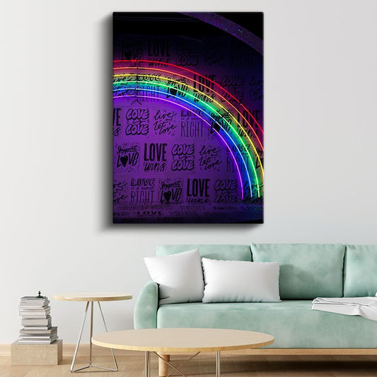 Love Wins - Neon Gökkuşağı Tipografi Kanvas Tablo