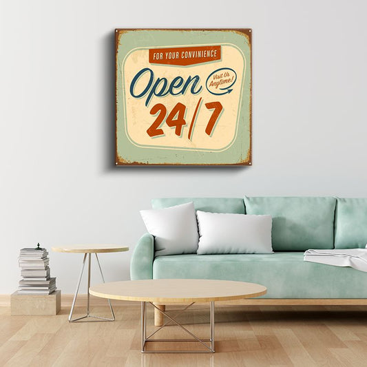 Open 24/7 - Vintage Dükkan Tabelası Kanvas Tablo