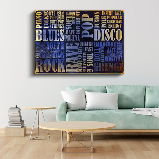 Müzik Türleri - Vintage Tipografi Kolajı Kanvas Tablo