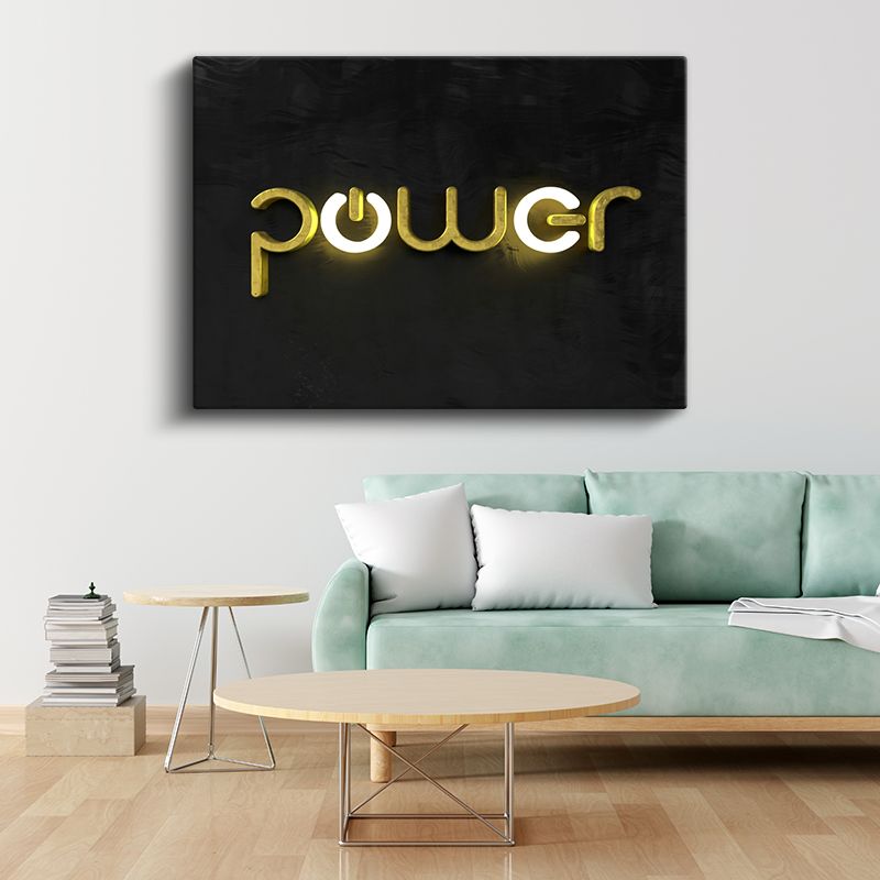 Power - Altın Neon Işıklı Yazı Kanvas Tablo