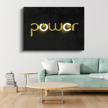 Power - Altın Neon Işıklı Yazı Kanvas Tablo