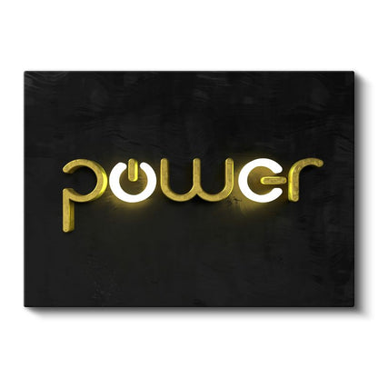 Power - Altın Neon Işıklı Yazı Kanvas Tablo