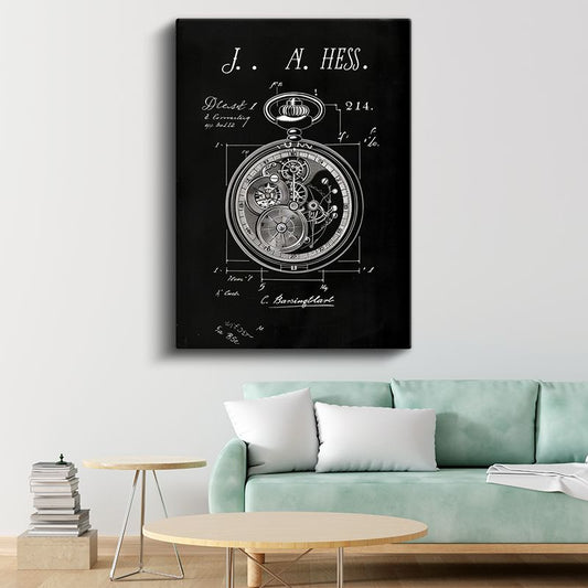 Cep Saati Patent Çizimi - J.A. Hess İmzalı Mekanizma Kanvas Tablo