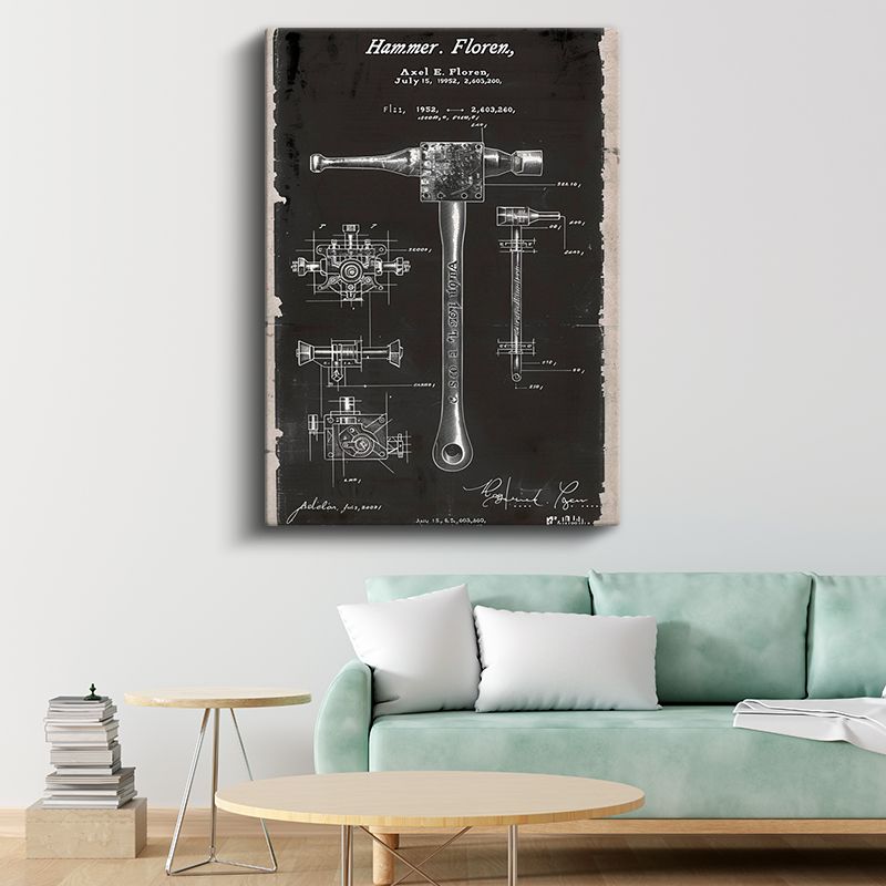Çekiç Patent Çizimi - 1952 Tarihli Endüstriyel Alet Kanvas Tablo