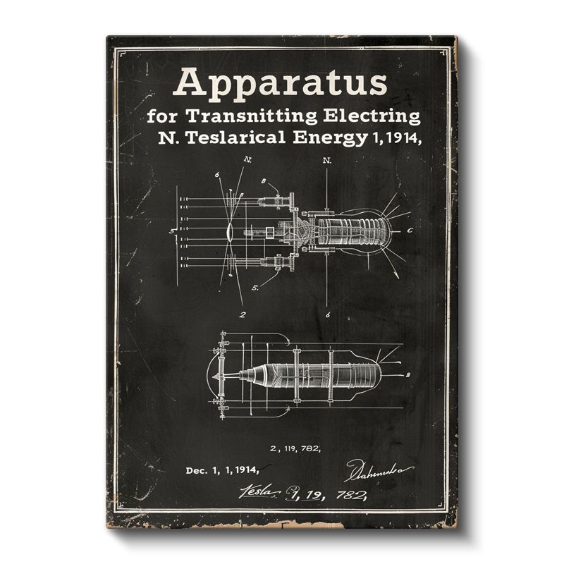 Tesla Cihazı - Elektrik İletim Aparatı Patent Çizimi Kanvas Tablo