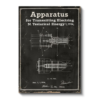 Tesla Cihazı - Elektrik İletim Aparatı Patent Çizimi Kanvas Tablo