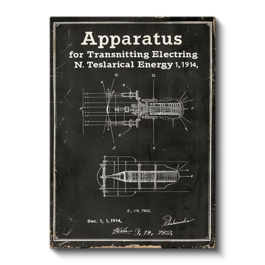 Tesla Cihazı - Elektrik İletim Aparatı Patent Çizimi Kanvas Tablo