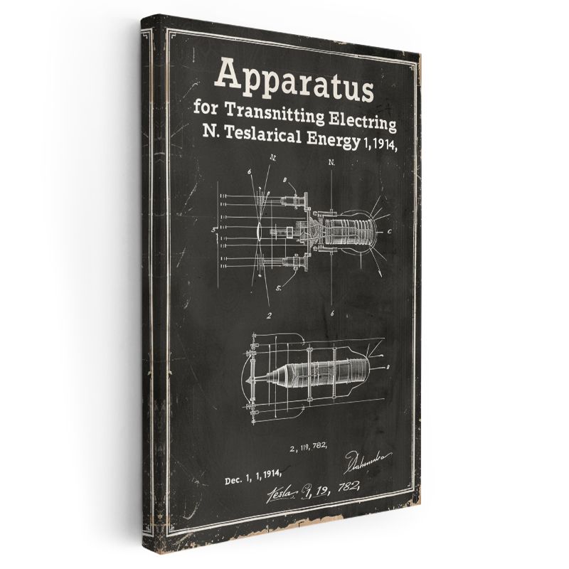 Tesla Cihazı - Elektrik İletim Aparatı Patent Çizimi Kanvas Tablo