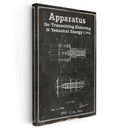 Tesla Cihazı - Elektrik İletim Aparatı Patent Çizimi Kanvas Tablo