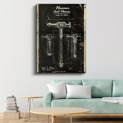Çekiç - Klasik El Aleti Patent Çizimi Kanvas Tablo
