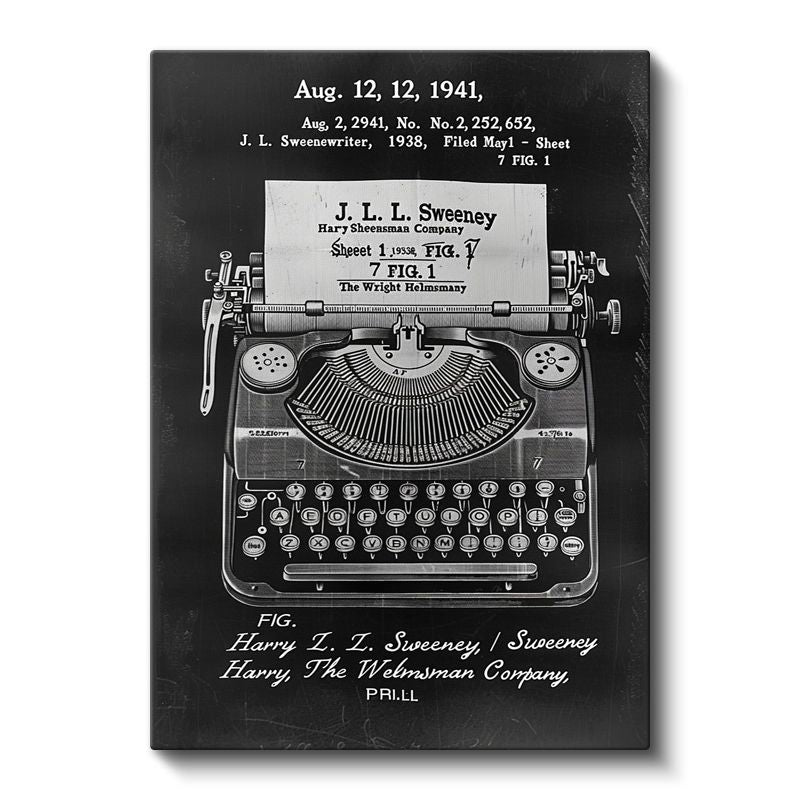 Klasik Daktilo - 1938 J.L. Sweeney İmzalı Tasarım Kanvas Tablo