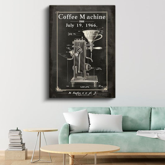 Kahve Makinesi Çizimi - 1966 Model Espresso Ekipmanı Kanvas Tablo