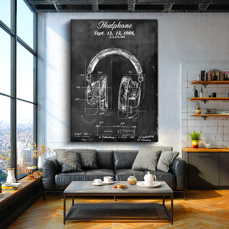 Dikey Kanvas Tablo Kulaklık Patent Çizimi Teknik İllüstrasyon Vintage Tablo Ev Ofis Duvar Dekoru