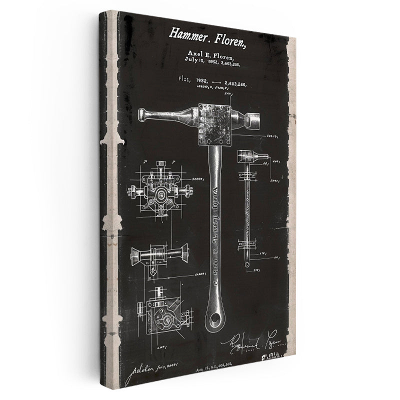 Dikey Kanvas Tablo Çekiç Patent Çizimi El Aleti Planı Teknik Vintage Tablo Ev Ofis Duvar Dekoru