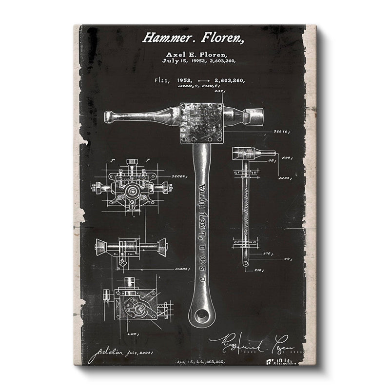 Dikey Kanvas Tablo Çekiç Patent Çizimi El Aleti Planı Teknik Vintage Tablo Ev Ofis Duvar Dekoru