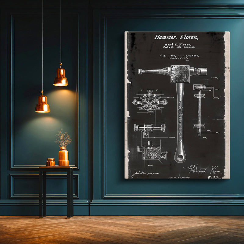 Dikey Kanvas Tablo Çekiç Patent Çizimi El Aleti Planı Teknik Vintage Tablo Ev Ofis Duvar Dekoru