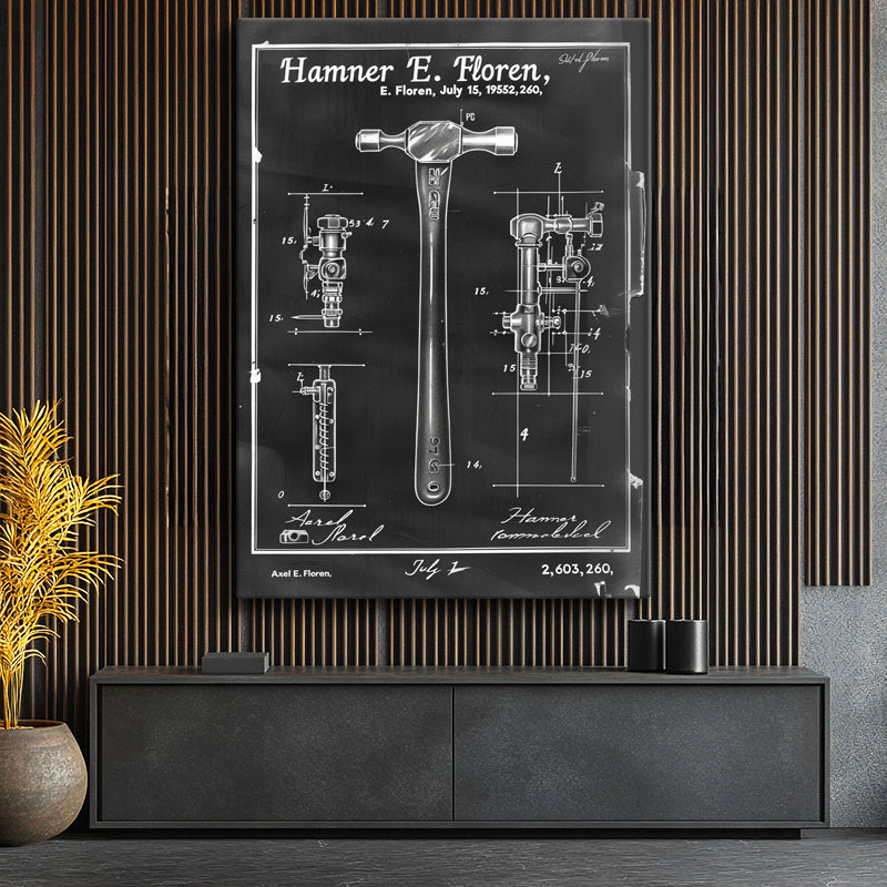 Dikey Kanvas Tablo Çekiç Patent Taslağı Teknik Çizim Kara Tahta Vintage Tablo Ev Ofis Duvar Dekoru