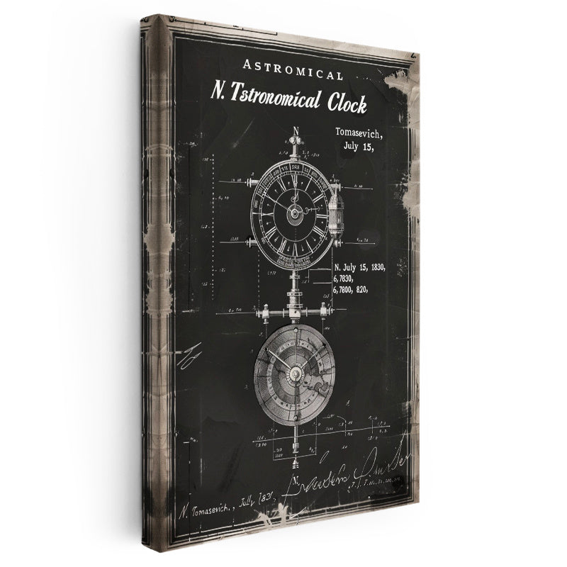 Dikey Kanvas Tablo Astronomik Saat Patent Çizimi Teknik Vintage Tablo Ev Ofis Duvar Dekoru