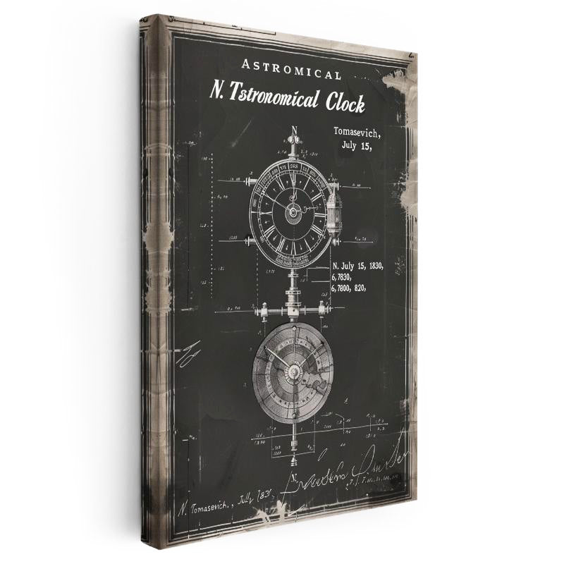 Dikey Kanvas Tablo Astronomik Saat Patent Çizimi Teknik Vintage Tablo Ev Ofis Duvar Dekoru