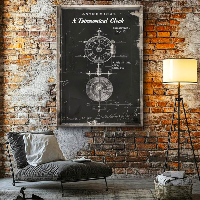 Dikey Kanvas Tablo Astronomik Saat Patent Çizimi Teknik Vintage Tablo Ev Ofis Duvar Dekoru