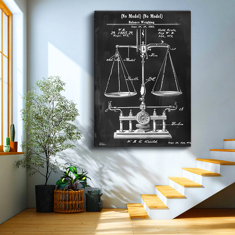 Dikey Kanvas Tablo Antik Denge Terazisi Patent Çizimi Teknik Vintage Tablo Ev Ofis Duvar Dekoru