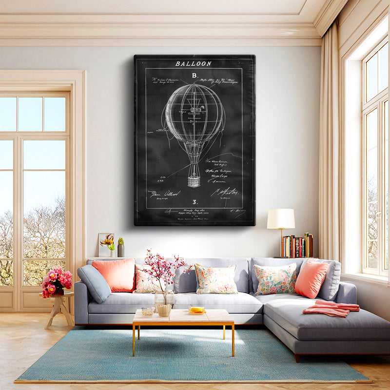 Dikey Kanvas Tablo Sıcak Hava Balonu Patent Çizimi Teknik Vintage Tablo Ev Ofis Duvar Dekoru