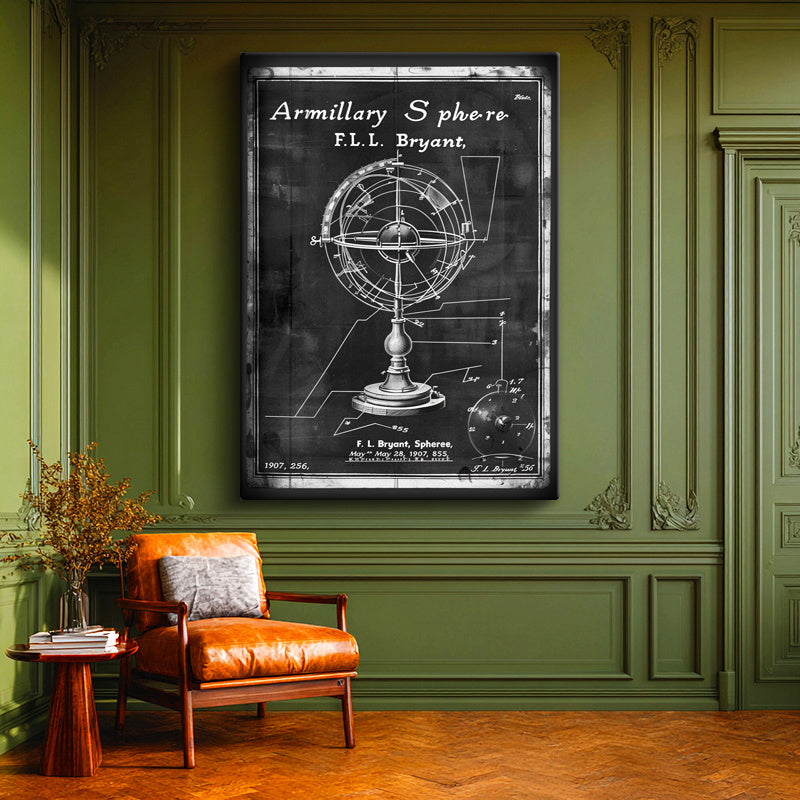 Dikey Kanvas Tablo Armillary Sphere Küre Patent Çizimi Teknik Vintage Tablo Ev Ofis Duvar Dekoru