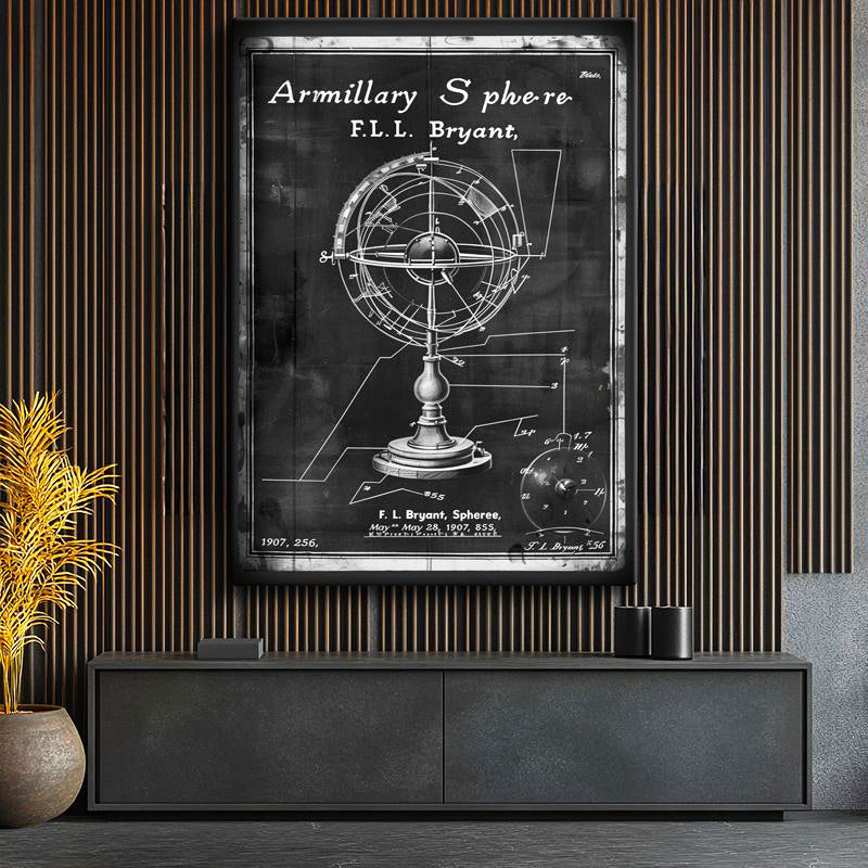 Dikey Kanvas Tablo Armillary Sphere Küre Patent Çizimi Teknik Vintage Tablo Ev Ofis Duvar Dekoru