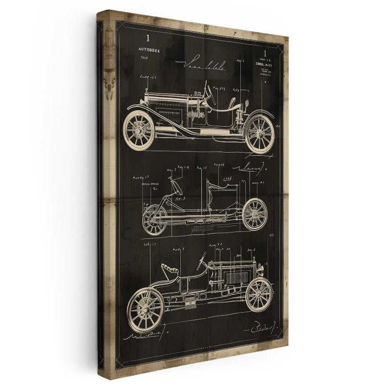 Dikey Kanvas Tablo Üç Farklı Antik Otomobil Patent Çizimi Taşıt Vintage Tablo Ev Ofis Duvar Dekoru